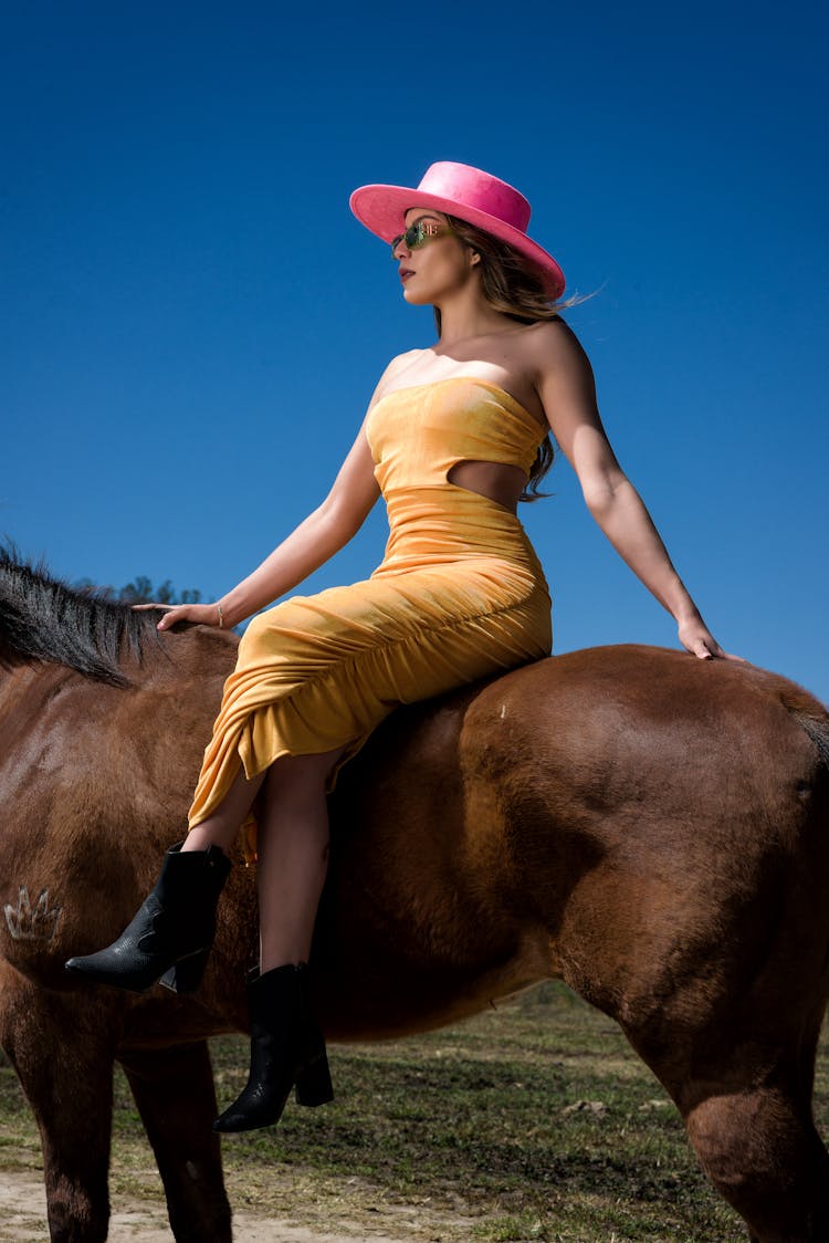 Woman In Dress And Pink Hat Sitting On Horse