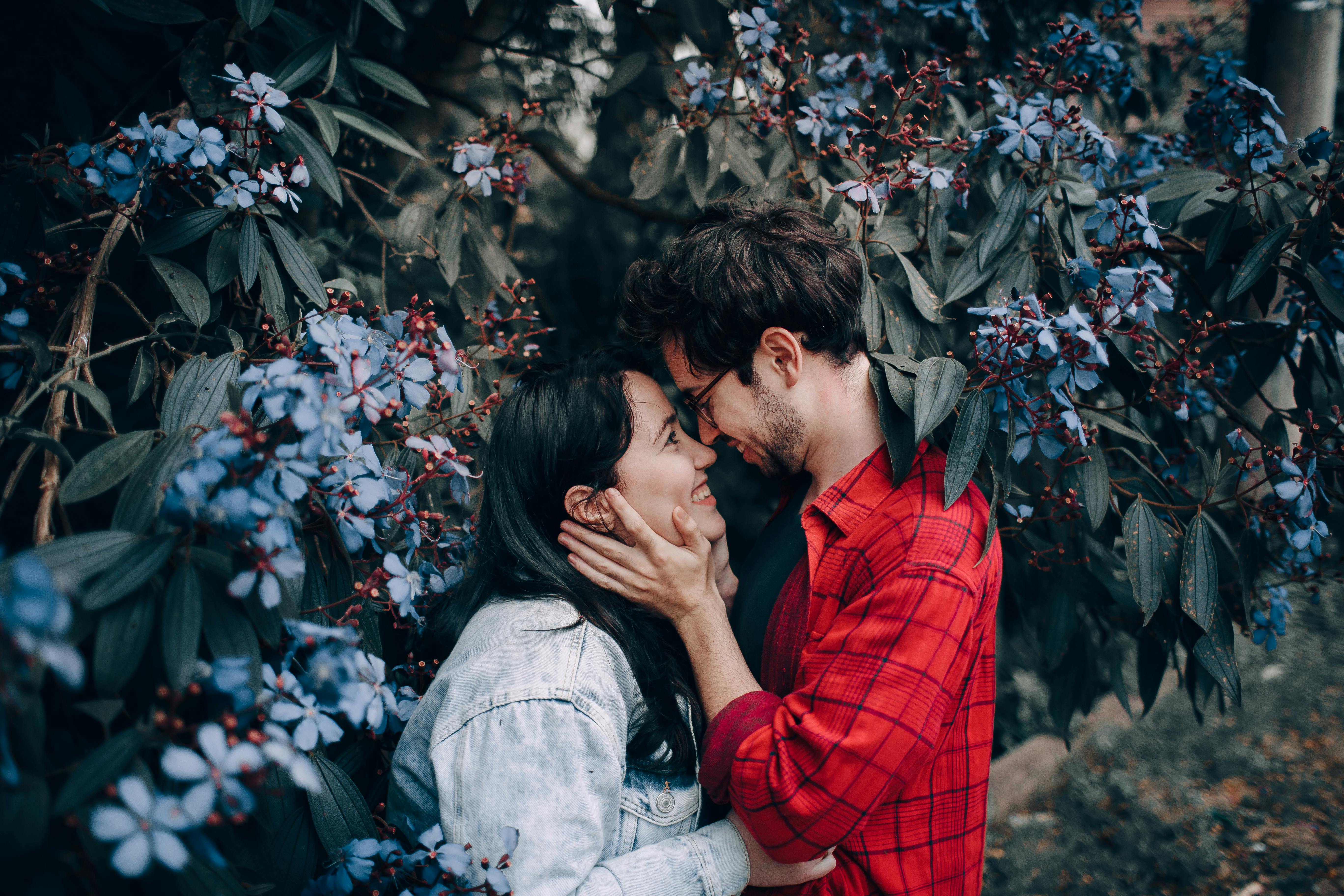 man holding woman s face beside blue cluster flowering plant