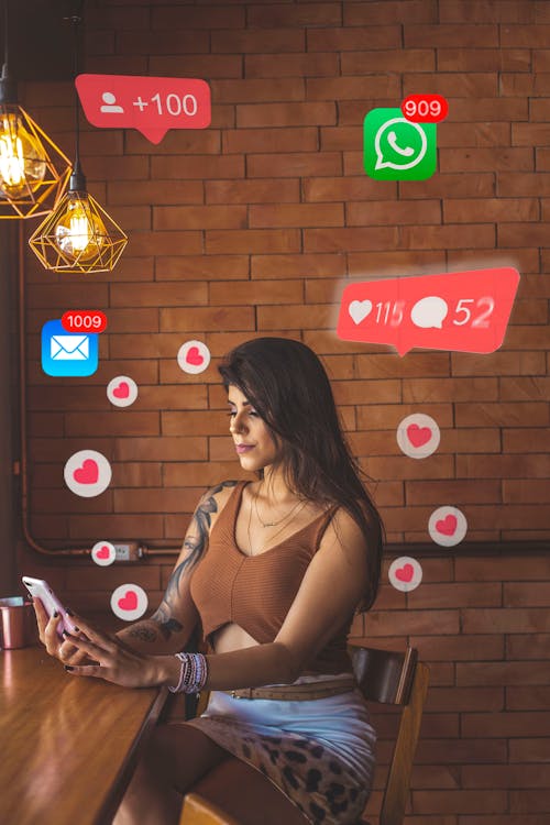 Sitting Woman Using Smartphone With Hearts and Smartphone Icons