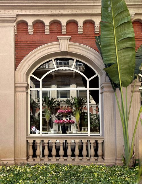 Free An ornate window reflecting lush plants, set in a classic brick and stone facade. Stock Photo