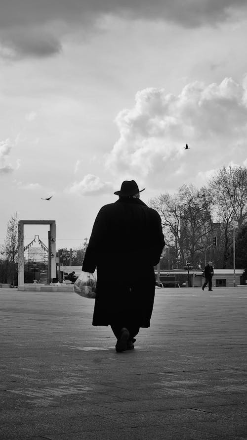 A man in a black coat walking through the park