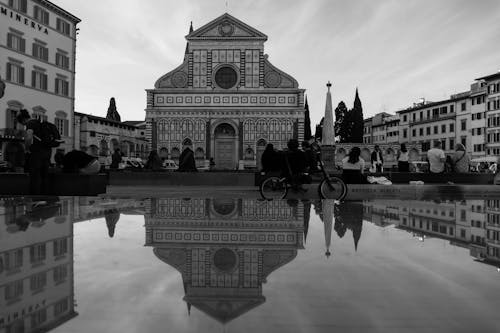 A black and white photo of a church