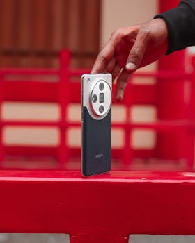 A hand reaches for a smartphone placed on a bright red surface. Modern and sleek design.