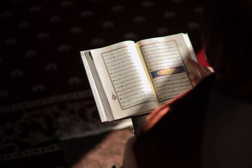 Free A woman reading the Quran in the peaceful ambiance of a mosque prayer room, capturing spirituality. Stock Photo