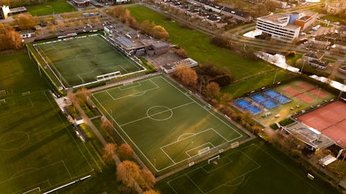 An aerial view of a soccer field and a soccer field