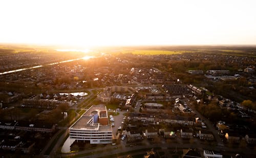 Aerial view of a city at sunset