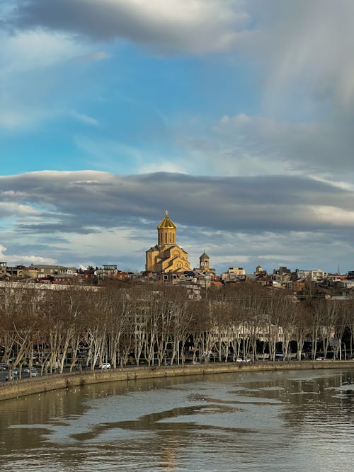 A city with a river and trees in the background