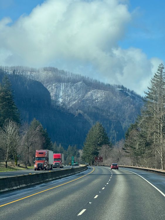 Trucks on highway with forest background — red flags when choosing a factoring company