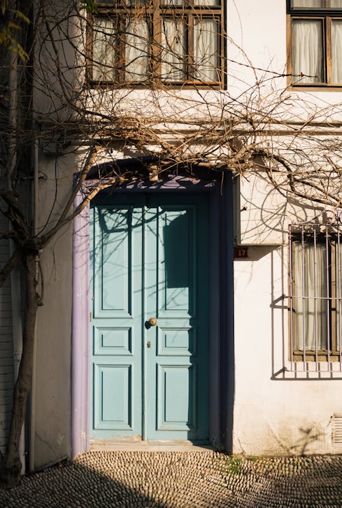A blue door is open to a building