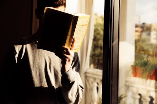 A person reading a book by a window