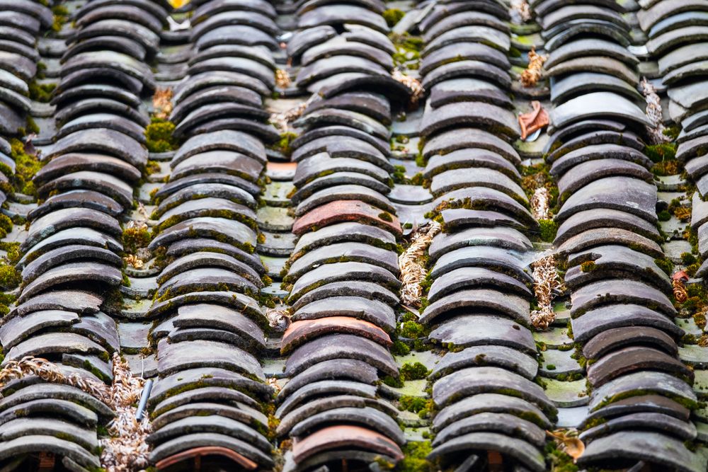 Close-up detail of layered clay roof tiles