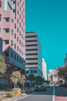 城市场景捕捉了明亮日子里现代建筑与街道生活的风貌