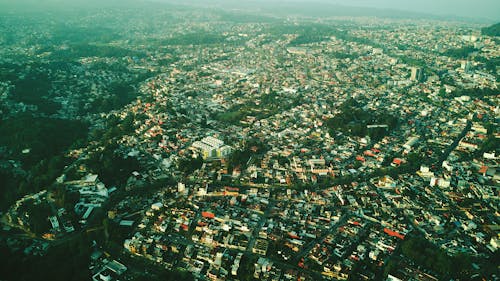Aerial view of city with green buildings and trees