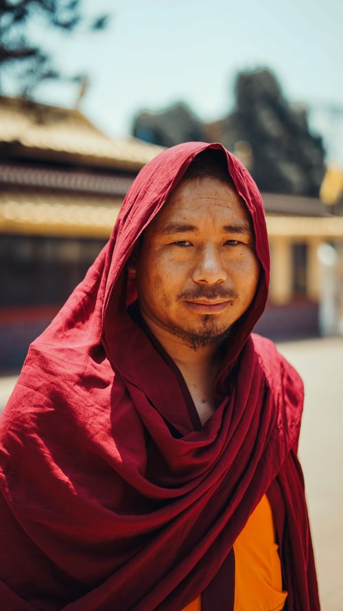 Free A serene portrait of a Buddhist monk in traditional robes outdoors on a sunny day. Stock Photo