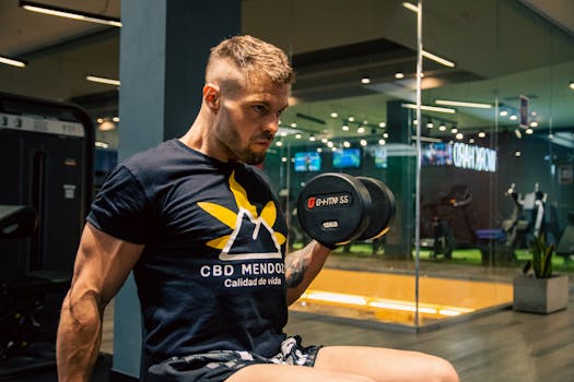 Male athlete focused on weightlifting exercise at the gym with dumbbells, showcasing strength and fitness goals.