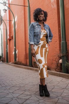 Fashionable woman poses in a denim jacket and stylish dress on a city walkway, showcasing urban style.