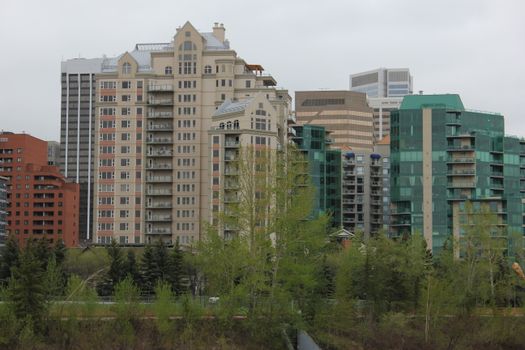 Urban residential buildings in Calgary's cityscape, showcasing modern architecture in a green environment.