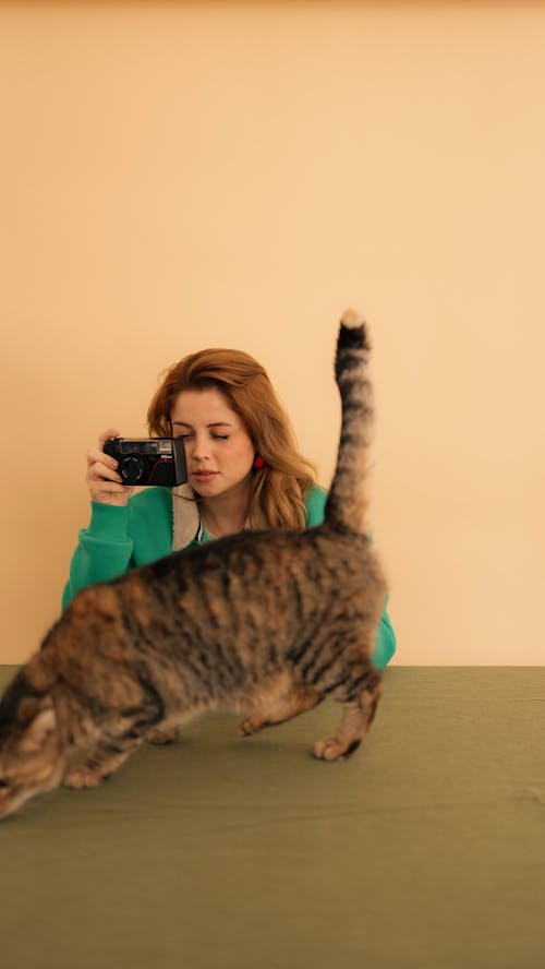 A woman taking a picture of a cat