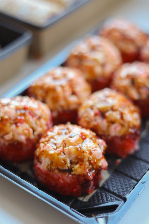 Free Close-up of freshly baked glazed muffins on a tray, perfect for dessert or breakfast. Stock Photo