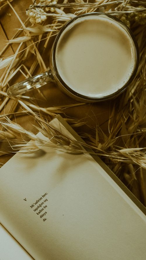 Free A warm rustic setup with a cup of coffee, an open book, and wheat stalks on a wooden surface. Stock Photo