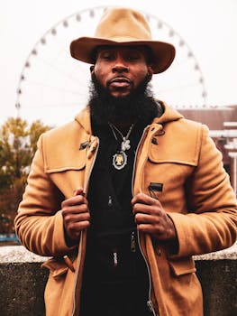 一位留着胡须的时尚非裔美国男子在城市景观背景下于户外合影