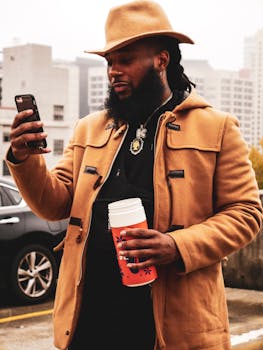 一位时尚男子带着咖啡，在城市户外使用智能手机