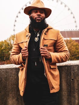 一名蓄着胡须的男子，身穿时尚的棕褐色外套，头戴帽子，在摩天轮的背景下于户外自信地摆出姿势