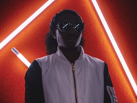 一位时尚男士戴着墨镜，站在充满活力的霓虹灯背景下，散发着现代的清凉气息