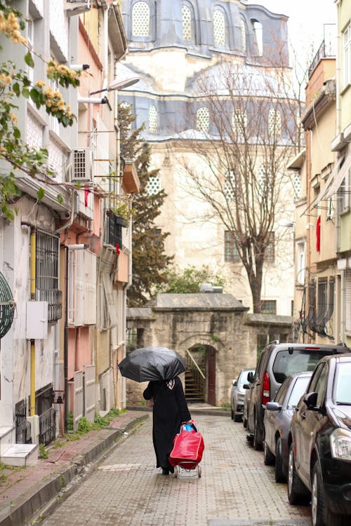 Woman in Coat under Umbrella Pulling Suitcase