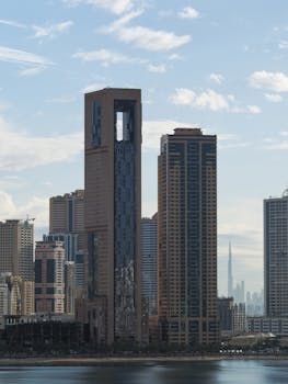A stunning view of Sharjah skyscrapers with a clear blue sky, capturing urban architecture.