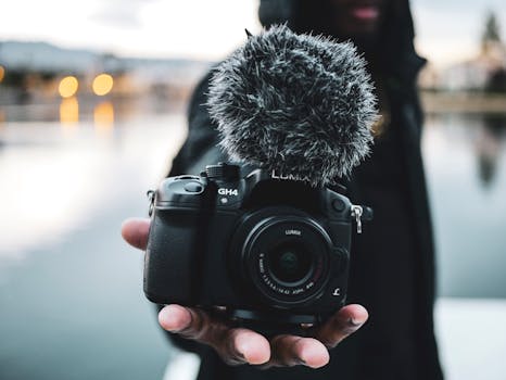 Close-up of a DSLR camera with a microphone held in hand outdoors, blurred background.