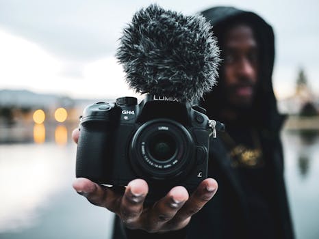 Close-up of a black man holding a camera with a microphone by a river