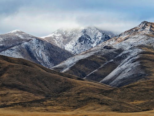 A snowy mountain range with a few snow covered trees