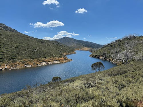 A lake surrounded by mountains and grass