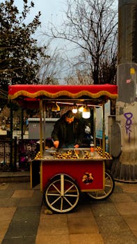A man sells roasted chestnuts from a vibrant food cart on a city street in Istanbul, Turkey at dusk.