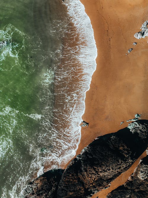 An aerial view of the beach and ocean