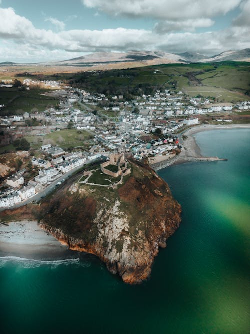 Aerial view of a small town on the coast