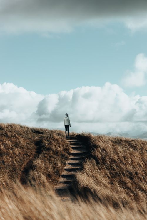 Free A lone woman hikes a grassy hill trail under a cloudy sky, epitomizing solitude. Stock Photo