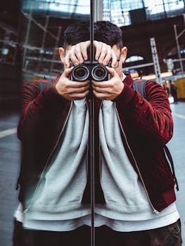 在城市环境中，一位穿着红色夹克的摄影师捕捉到了玻璃表面的倒影