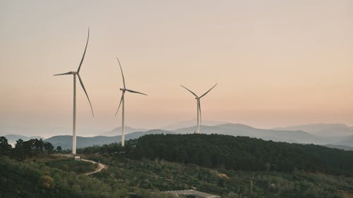 Wind turbines on a hillside at sunset
