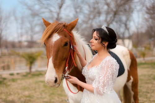 Free An elegant bride in a wedding dress stands with a horse, creating a unique outdoor portrait. Stock Photo