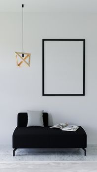 Sleek minimalist living room with black sofa, frame, and pendant lamp.