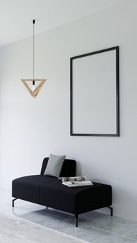 Stylish contemporary living room with black couch and geometric pendant light.