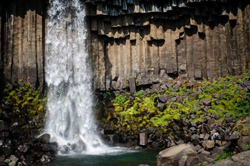 Free Scenic view of Svartifoss waterfall framed by unique basalt columns in Icelandic landscape. Stock Photo