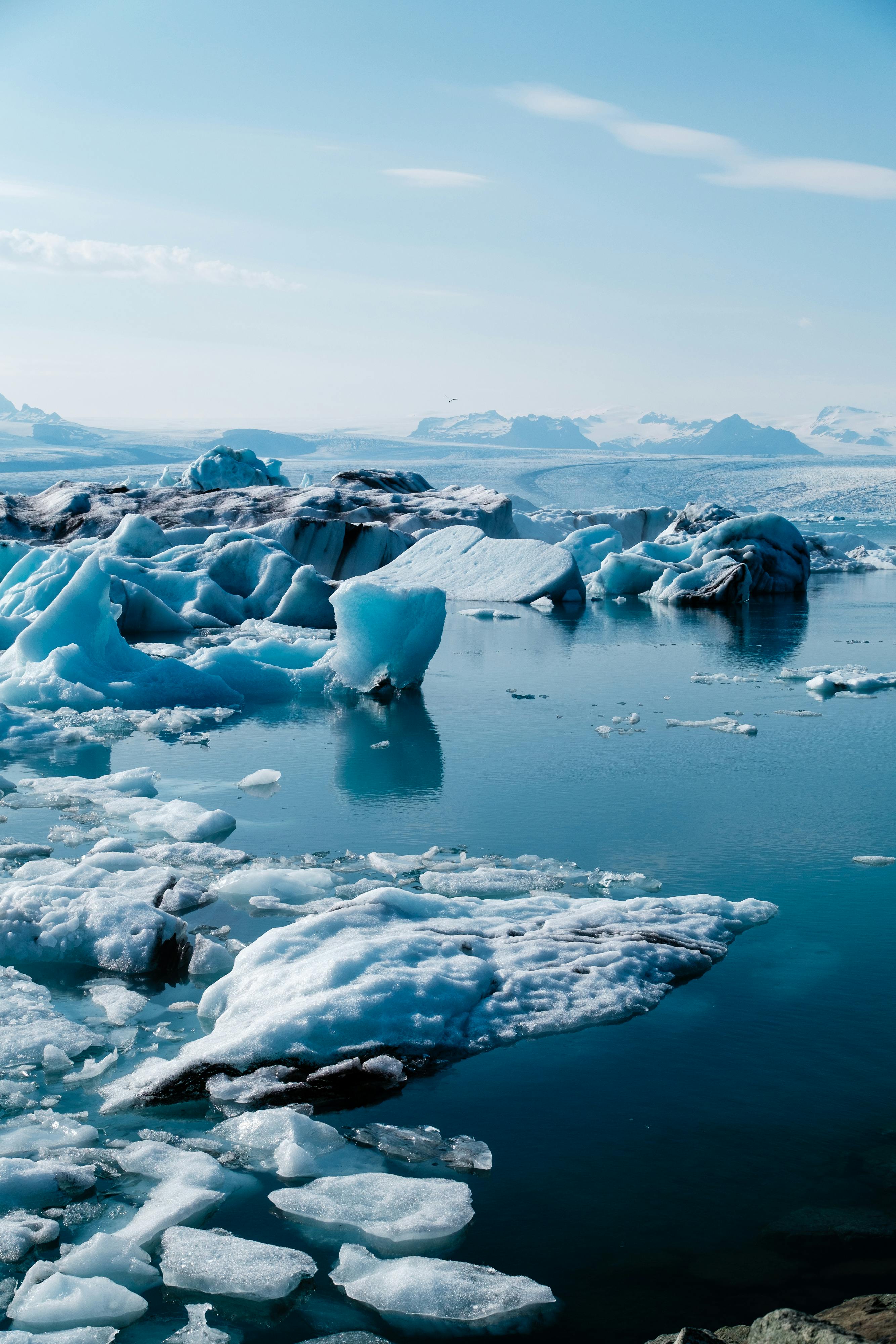 Peaceful icebergs floating in the clear blue waters of Jökulsárlón Lagoon, Iceland.