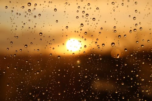 Free Close-up of raindrops on a window with a stunning golden sunset in the background. Stock Photo