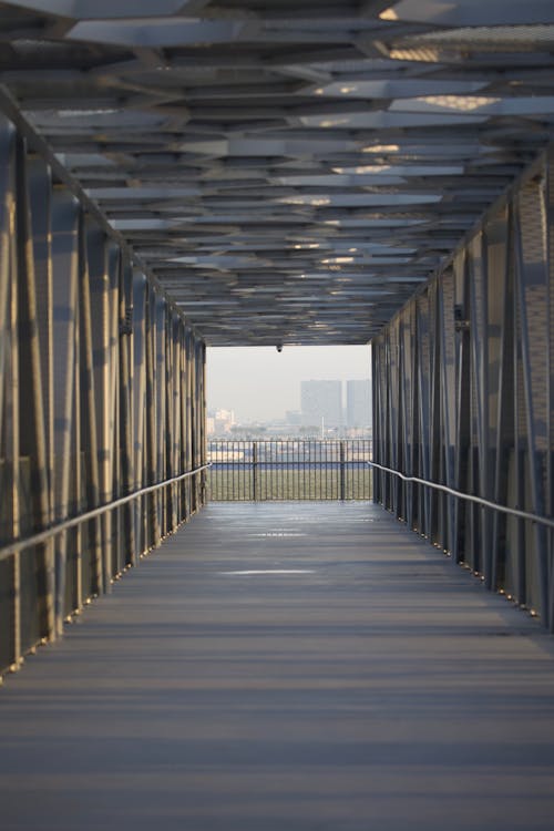 A walkway with metal bars and a view of the city