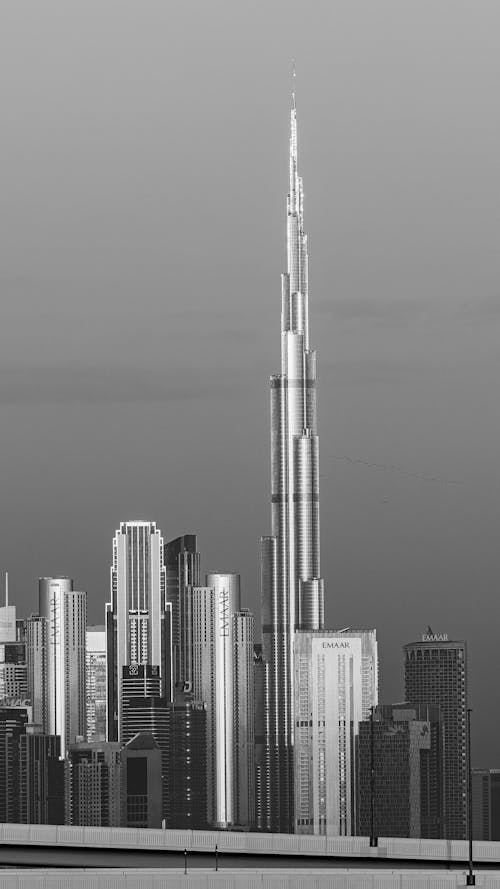 Black and white photo of the burj tower
