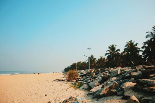 A serene tropical beach scene with palm trees, rocks, and people enjoying the clear day.