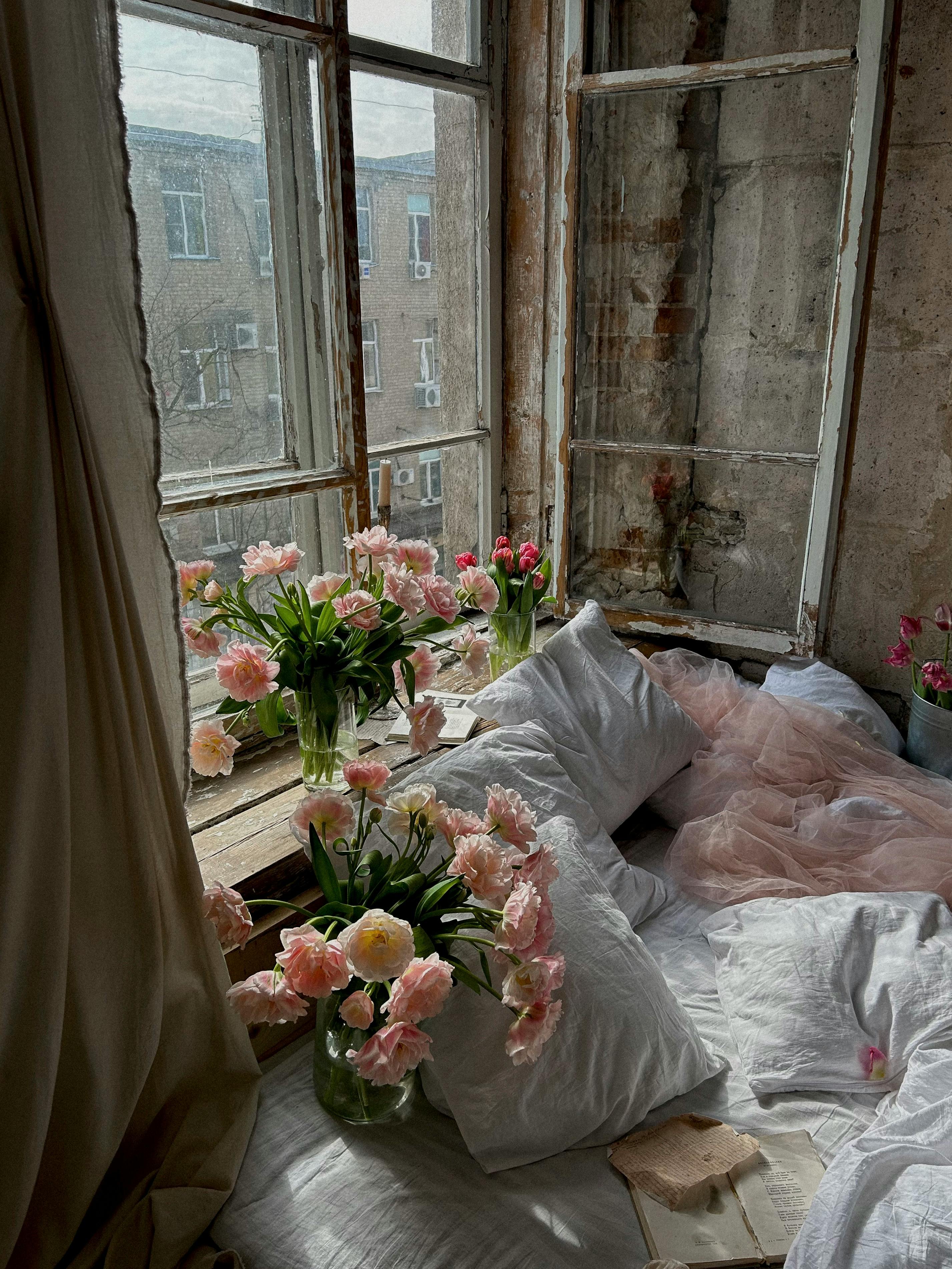 Pink roses and soft pillows by rainy old window, peaceful intimate bedroom setting